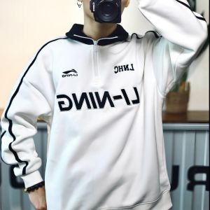 Li-Ning Mens Hoodie 2025 Spring New Half Zip Fleece Loose Long Sleeve Overhead Couples Casual Wear Comfortable Cotton Blend