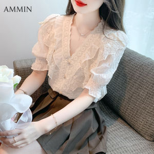 AMMIN French V-neck sweet Embroidery floral Hollowed out lace stitching short sleeve chiffon shirt Womens summer new peplum stitching fashion puff sleeve elegant blouse