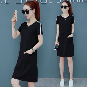 Summer plus Size Cotton Dress with Pockets Loose Fitting mid Length Short Sleeve Womens Fashion A-Line Dress Korean Style