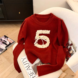 Áo Len Dệt Kim Ngắn Màu Đỏ Noel Thanh Lịch Cho Nữ Mùa Xuân Ngoài Trời Áo Len Dệt Kim Dài Tay Cổ Tròn Thường Ngày