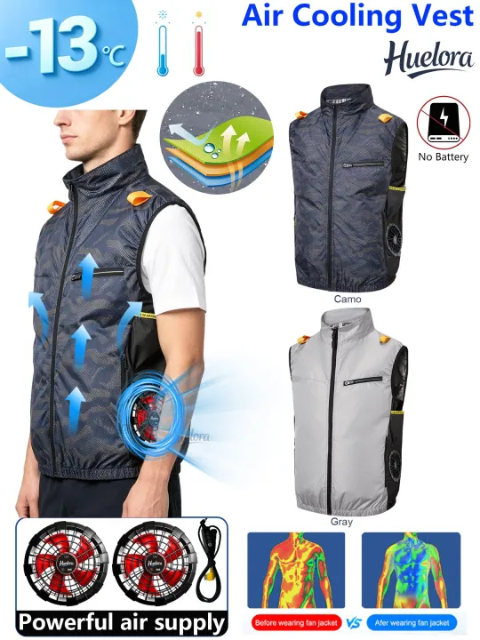 Men Stand Collar Side Mounted 2 USB Fans Air Cooling Vest,Side Built-in Powerful Fans, 2 Colors Camo Gray for Outdoor Fishing