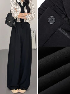 Black Wide Leg Pants Womens Casual Straight Cut Slimming Suit Pants Drapey Comfortable High Waist Polyester Spandex Blend