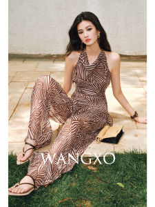 WANGXO | Áo Cổ Xẻ Thắt Dây & Quần Ống Rộng In Hình Trừu Tượng