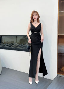 ชุดเดรสคอวีลึกสีดำเซ็กซี่ ชุดราตรีสำหรับผู้หญิง ฤดูใบไม้ร่วง 2023 ชุดเดรสสายเดี่ยวแขนกุด ชุดเดรสแฟชั่นสุดหรูหรา
