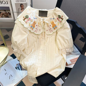 Cute Bear Embroidery Doll Collar Shirt Short Sleeve Mens Summer Design Lace Trim Male Female Fashion Casual Top