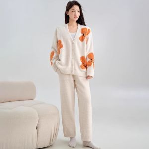 MiiOW | Cat Person Womens Sleepwear Half Fleece Casual Home Clothes Outerwear Autumn Winter Warm Long Sleeve V Neck Floral Pattern