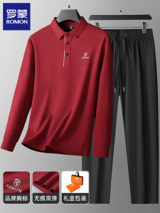 เสื้อโปโลแขนยาวฤดูใบไม้ร่วงสำหรับผู้ชาย Romon ชุดสองชิ้น เสื้อยืดคอกลม ผ้าไนลอน แฟชั่นฤดูใบไม้ร่วง 2024 สำหรับวัยกลางคน