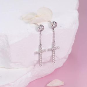 Pretty Beauty Moissanite Cross Earrings for Women 925 Sterling Silver Chain Dangle Drop Earrings Hypoallergenic Everyday Jewelry