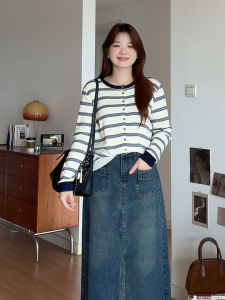 plus Size Striped Color Block Base Shirt Korean Style Casual Loose Fit Long Sleeve T-Shirt for Plump Women Autumn New Arrival