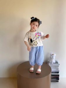 ชุดเด็กผู้หญิง ชุดลูกสุนัขสุดน่ารัก ชุดเซตเด็กหญิง เสื้อเด็กหญิง + กางเกงลายสก็อต เสื้อผ้าเด็กผู้หญิง