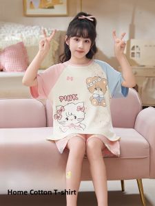 Miiow | Pure Cotton Cat Girl Summer Pajamas Short Sleeve Home Clothes Childrens Clothing Breathable Comfortable Round Neck Pajamas