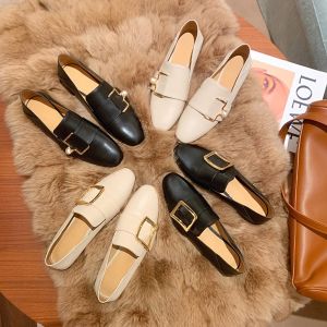 Soft Leather Pearl Buckle Flat Bottom Slip-On Womens Shoes Spring Autumn Season Genuine Leather Fashionable Versatile Bean Shoes