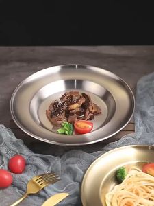 Dinner Plate Round Plate Set Stainless Steel Dinner Plates Steak Pasta Soup Deep Plates Dinner Dish Dinnerware