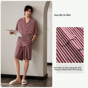 yuenei | Áo ngủ nam mùa hè cotton nguyên chất tay ngắn quần short mặc nhà thời trang thường ngày sọc mỏng có thể mặc ngoài trời