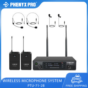 Phenyx Pro PTU-71-2B Wireless Microphone System Dual Wireless Mic Set with Bodypacks Headsets/Lapel Mics for Church Stage Performance