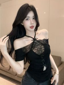 GUZILIAN | Pure Desire Spicy Girl One Shoulder Lace Patchwork Butterfly Knot Hollow Out Short Sleeve Slim Fit Womens T-shirt Summer Fashion
