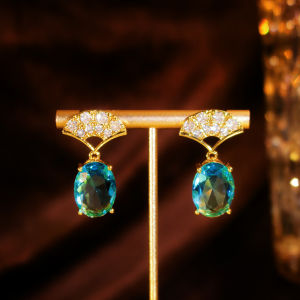 SEQUITO Delicate Brides Ear Drop Fan Shaped Blue Sparkling Oval Cut AAA Cubic Zirconia Golde Plated Drop Earrings for Dinner Party SE1055
