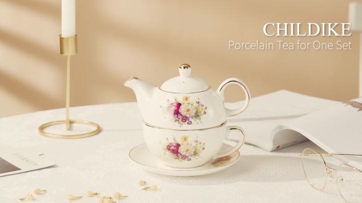 an Porcelain Tea for One, Vintage Floral Teapot and Saucer Set, Gold Trim Floral Teapot, Tea Cup with Saucer Set