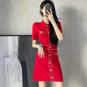 Summer 2023 French Style Red Dress Womens Slimming High Waist A-Line Skirt Short Sleeve Polo Collar Commute Korean Version