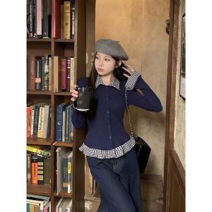 Slim Fit Knitted Long Sleeve Polo Neck T-Shirt Womens Spring New Style Grid Pattern High Sensation Fake Two-Piece Color Block Top