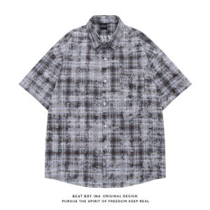 2024 American Retro Oversize Color-Contrast Check Sun Protection Shirt Men and Women Short Sleeve Loose Thin Shirt Outwear