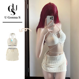 ชุดว่ายน้ำชุดสวมใส่ชายหาดบิกินี่สตรีเซ็กซี่ดัน3ชิ้นสไตล์ใหม่2024พร้อมกระโปรงแขนกุดเอวสูงแฟชั่นน่ารักยืดได้