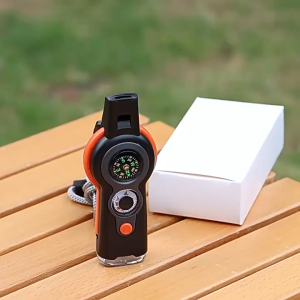 7-in-1 Survival Multi-Tool Whistle ABS Outdoor Safety Whistle with Compass Magnifying Glass Reflecting Mirror LED Light Lanyard