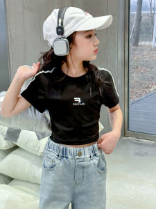 Girls Short Sleeve T-Shirt Childrens Sportswear Slim Fit Base Layer Shirt Korean Style Cotton Blend round Neck Pure Color