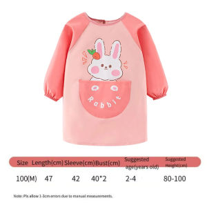 Childrens Waterproof Apron Painting Dining Art Blouse Pink with Long Sleeves Large Pocket Kindergarten Cover for Girl 1-8 Years