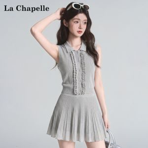 La Chapelle | Wood Ear Hem Flared Sleeveless Top Mini Pleated Skirt