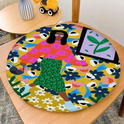 Girl Relaxing Green plants Print Cushion Mat Round Chair Mat Soft Pad Seat Cushion For Dining Patio Home Office Indoor Outdoor