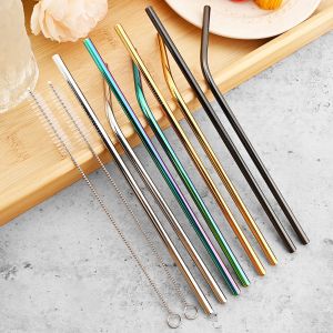 4/8pcs Reusable Metal Straws Set 304 Stainless Steel Straw Straight Bent Drinking Straw With Cleaning Brush Party Bar Accessory