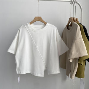 MISHANGYICHU | Womens Asymmetric Hem Short Sleeve T-Shirt Loose Fit Korean Style Crop Cotton Top White Summer Tshirt for Women