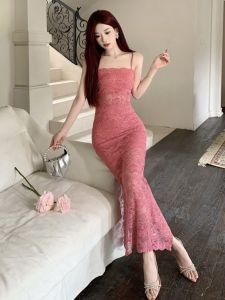 ชุดเดรสยาวผู้หญิงแขนกุดคอวีลูกไม้เซ็กซี่ดีไซน์เก๋ไก๋สำหรับงานปาร์ตี้ในฤดูร้อน