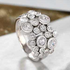 Huitan Trendy Women Rings Full with Round Cubic Zirconia Silver Color High-quality Wedding Bands Accessories Modern Jewelry 2023