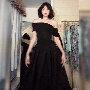 BINKAFENNY | Elegant French Style Black One Shoulder Sash Womens Summer Waist Cinched Fashionable Unique Beautiful Long Dress