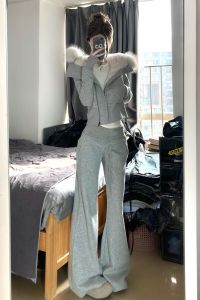 กางเกงขายาวทรงหลวมเอวสูงสำหรับผู้หญิง ทรงหลวมสบายๆ ฤดูใบไม้ร่วง/ฤดูหนาว กางเกงขายาวทรงหลวมลำลอง