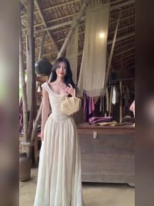 French Style Flared Waist Halter Neck Lace-Up Back Maxi Dress