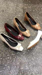 Giày cao gót 5 phân & 7 phân gót vuông xi bóng phối nơ thời trang - G5002XNOSAT