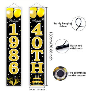 Black Gold 40th Birthday Door Banner Vintage 1986 Themed Couplet with Balloons & Cake for 40th Birthday Decor