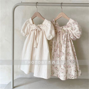 Summer New Style Short Sleeve Princess Dress for Girls Mid-Length Infant Toddler Square Collar Dress Childrens Clothing