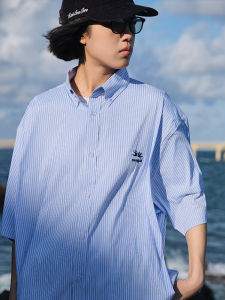 Battles Double Bird Embroidery Casual Loose Short Sleeve Shirt Vintage Plaid American Style Breathable Cotton Polyester Blend