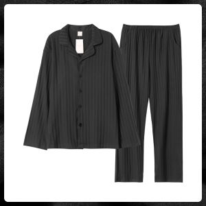 me home wear | Cotton Long Sleeve Long Pants Dark Grey Stripes Turn-down Collar Mens Pajama Set