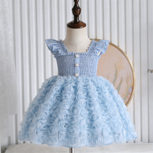 Girls Sky Blue Tulle Dress - 3D Rose Appliqué Skirt Pearl Buttons Vintage Chic Party Gown
