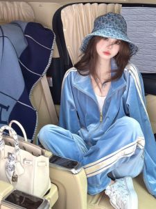 ชุดกีฬาผ้ากำมะหยี่สำหรับผู้หญิง ฤดูใบไม้ร่วง/ฤดูหนาว ชุดสองชิ้น แจ็คเก็ตซิป กางเกงขายาว สไตล์วินเทจ ลำลอง ไฮเอนด์