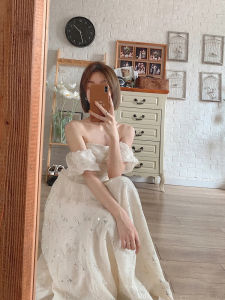 French Style White Bubble Sleeve Bridesmaid Dress Womens Spring Summer One Shoulder Disney Princess Short Dress Long Dress