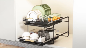 2-Tier Pull-Out Dish Rack Cutlery Organizer Cabinet Dish Rack Under-Sink Storage Rack Multi-functional Rack