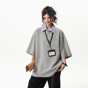 American Style Couple Loose Short Sleeve Henry Collar Polo Shirt Breathable Casual Top Polyester Cotton Spandex Blend Summer Wear