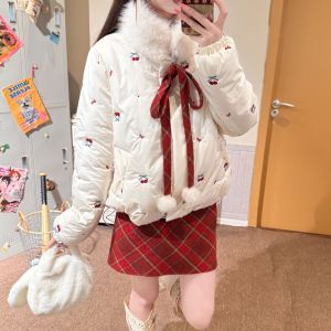 Sweet White Faux Fur Collar Short Cotton Coat