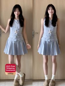 unifittoo | French Blue Sleeveless Vest Dress Women Summer 2025 New Style Small Size Halter Pleated Short Skirt Sweet High Waist A-Line Skirt
